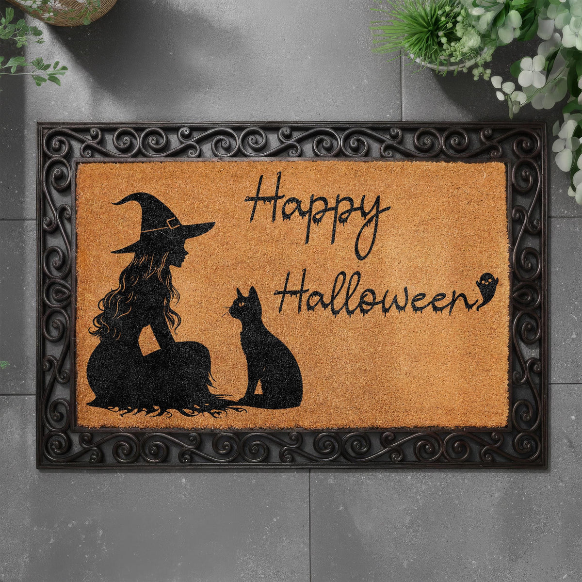 Happy Halloween Doormat, Witch and Cat Welcome Mat, Spooky Season Housewarming Gift, Cats Lover Front Porch Coir Rug, Trick or Treat Decor