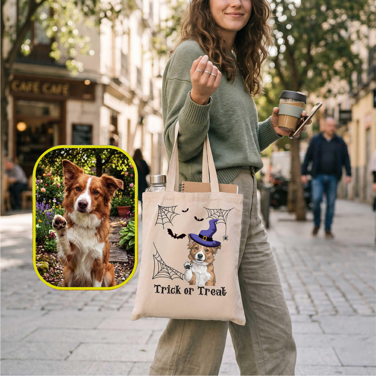 Custom Pet Watercolor Photo Halloween Tote Bag, Trick or Treat Spooky Season Gift, Cat Dog Lover Canvas Handbag