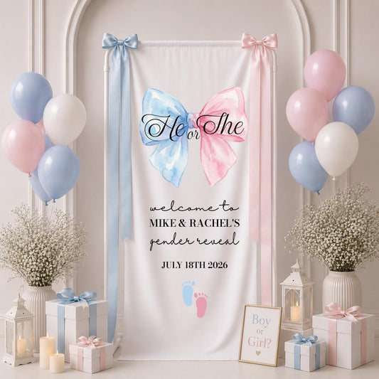 He or She Gender Reveal Party Banner, Boy or Girl Custom Welcome Baby Sign