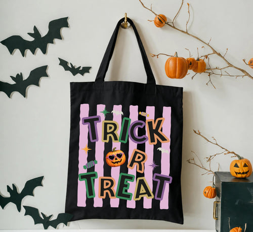 Striped Trick or Treat Tote Bag, Spooky Pumpkin Tote, Halloween Gift Tote Bag