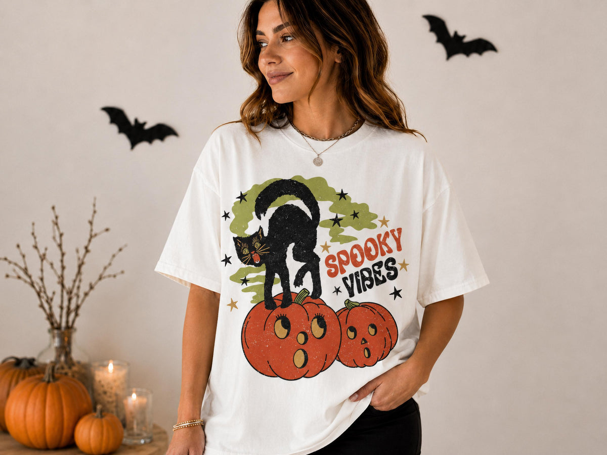 Comfort Colors® Spooky Vibes Black Cat Shirt, Black Cat Halloween Tee, Funny Pumpkin T-Shirt, Retro Spooky Season Tee, Cute Witchy Cat Shirt