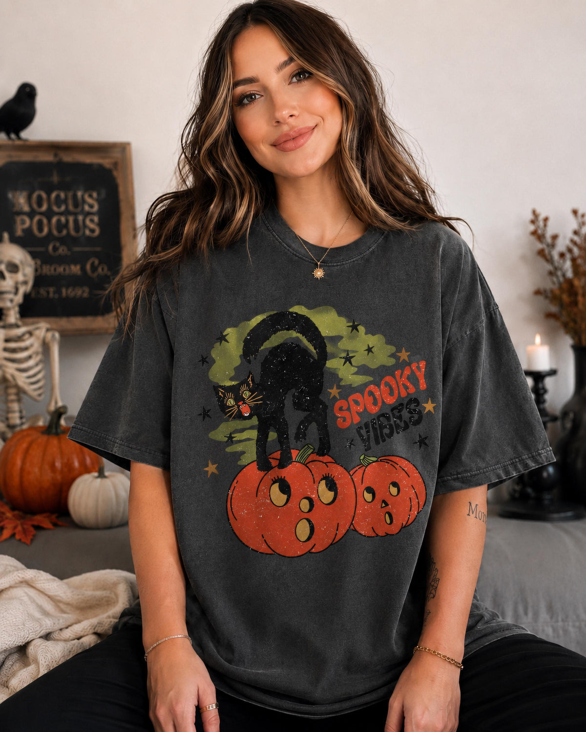 Comfort Colors® Spooky Vibes Black Cat Shirt, Black Cat Halloween Tee, Funny Pumpkin T-Shirt, Retro Spooky Season Tee, Cute Witchy Cat Shirt