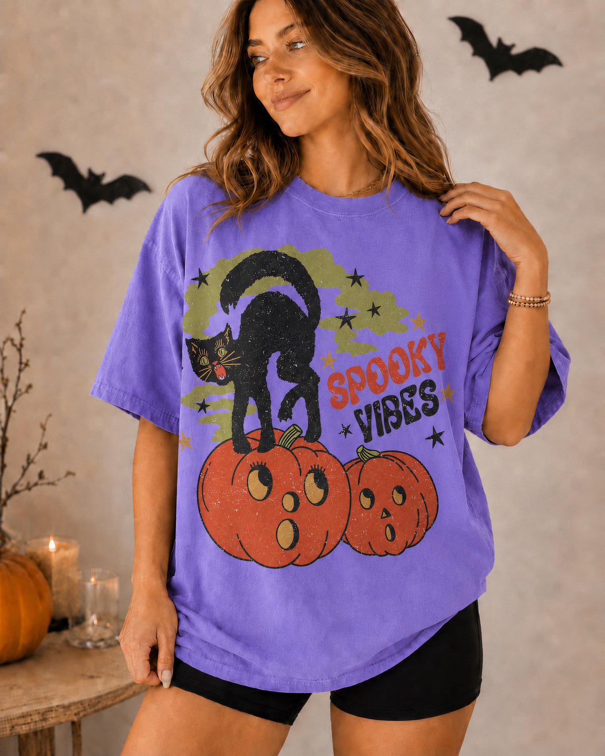 Comfort Colors® Spooky Vibes Black Cat Shirt, Black Cat Halloween Tee, Funny Pumpkin T-Shirt, Retro Spooky Season Tee, Cute Witchy Cat Shirt