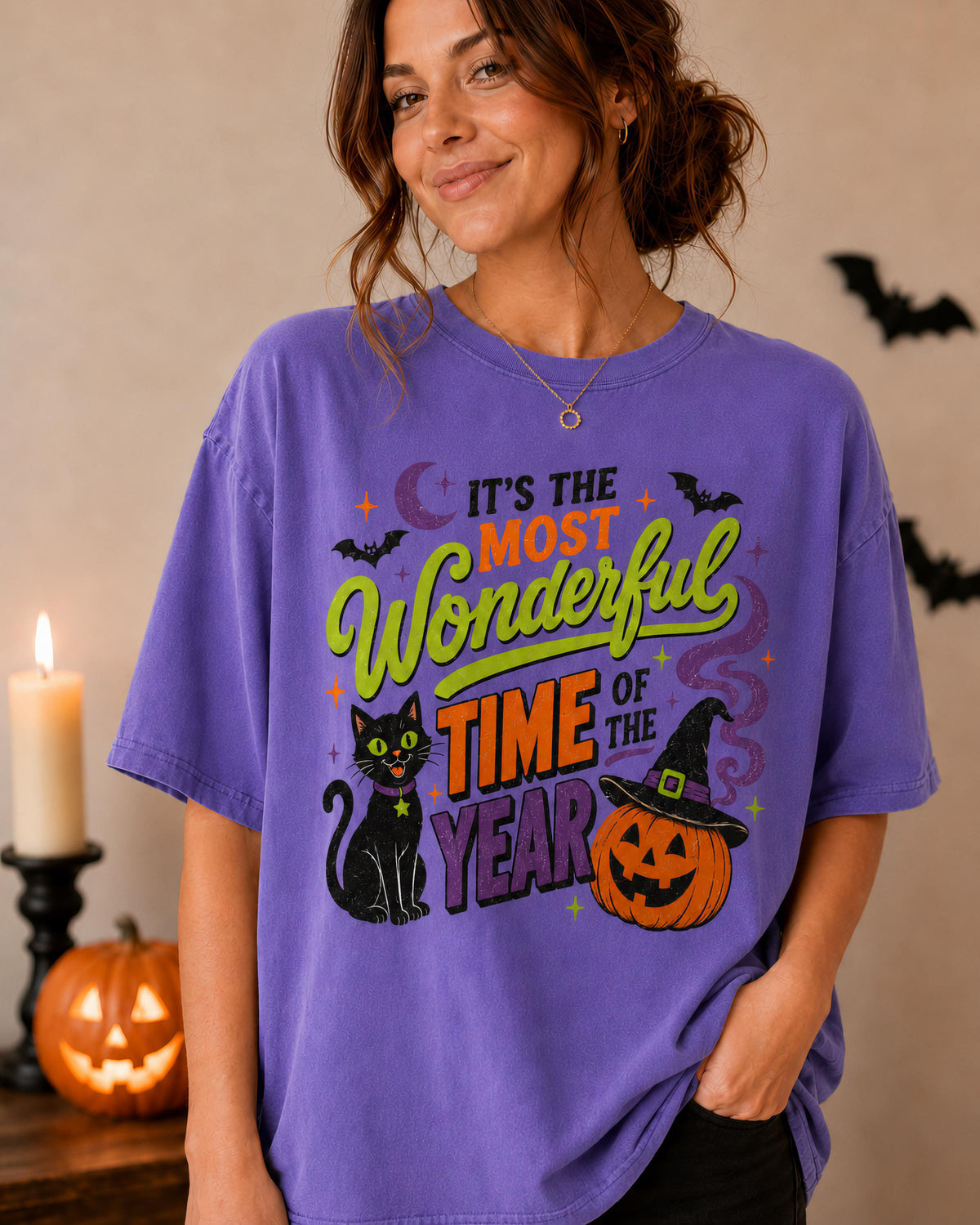 Comfort Colors® Most Wonderful Time Halloween Shirt, Black Cat Pumpkin Tee, Funny Spooky Season Shirt, Witchy Halloween Tee