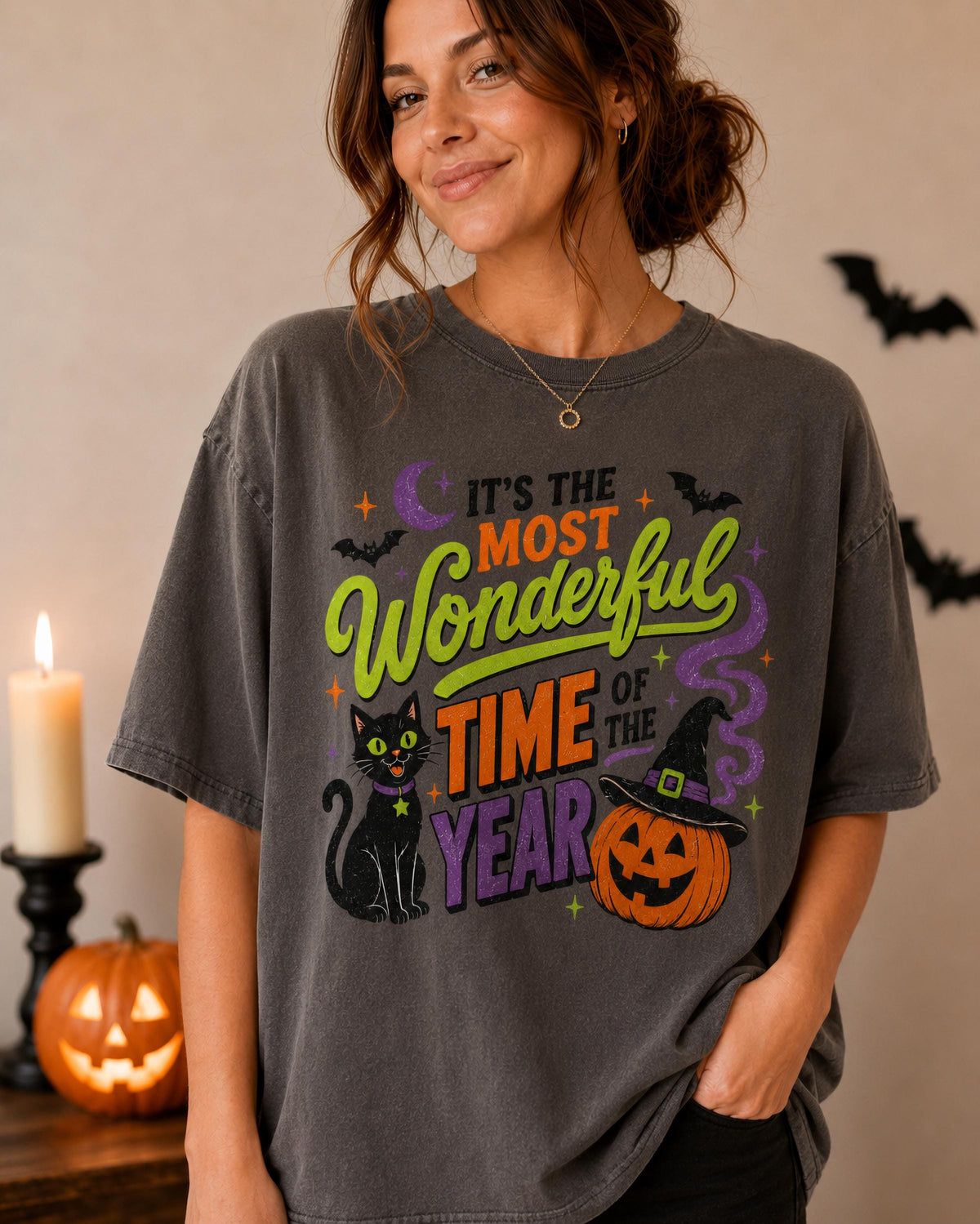 Comfort Colors® Most Wonderful Time Halloween Shirt, Black Cat Pumpkin Tee, Funny Spooky Season Shirt, Witchy Halloween Tee