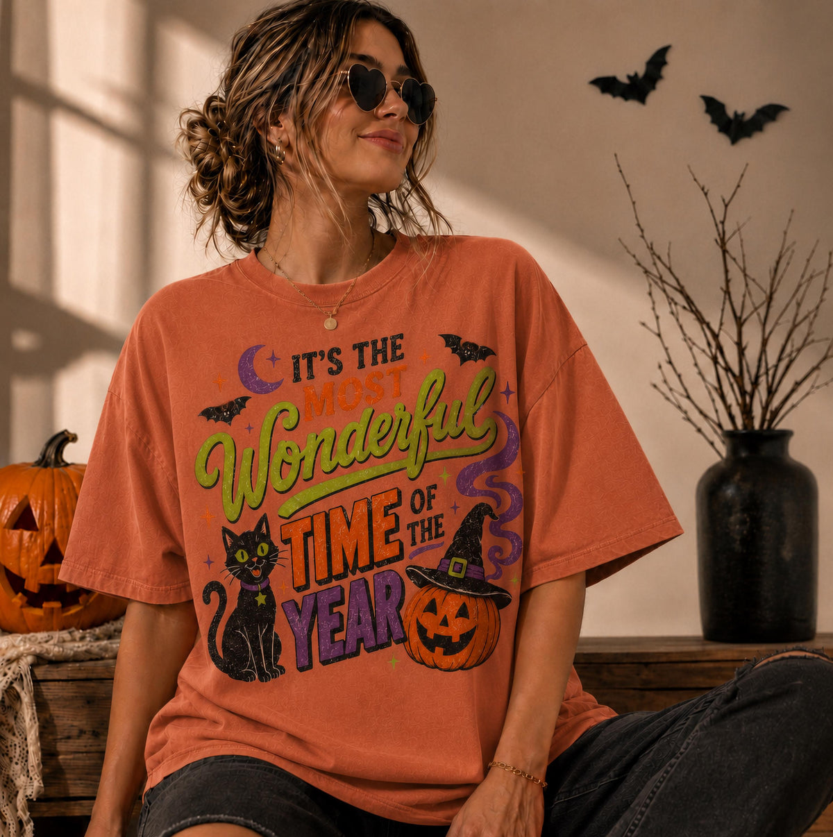 Comfort Colors® Most Wonderful Time Halloween Shirt, Black Cat Pumpkin Tee, Funny Spooky Season Shirt, Witchy Halloween Tee