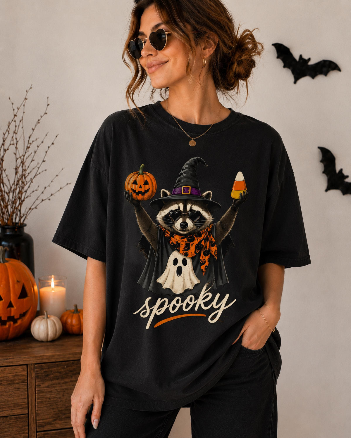 Comfort Colors® Spooky Raccoon Halloween Shirt, Cute Witch Raccoon Tee, Pumpkin Candy T-Shirt, Spooky Season Shirt, Halloween Raccoon Tee
