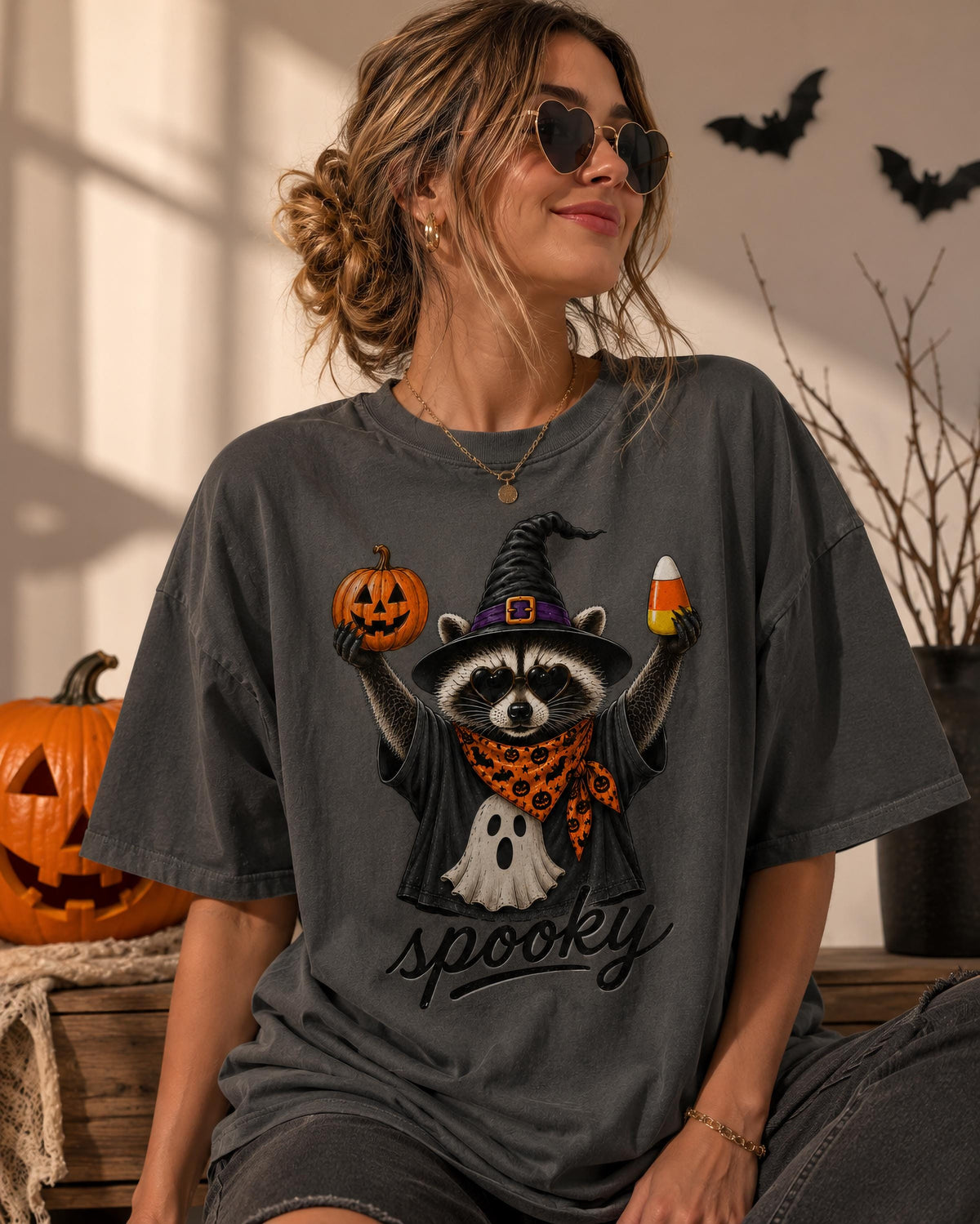 Comfort Colors® Spooky Raccoon Halloween Shirt, Cute Witch Raccoon Tee, Pumpkin Candy T-Shirt, Spooky Season Shirt, Halloween Raccoon Tee