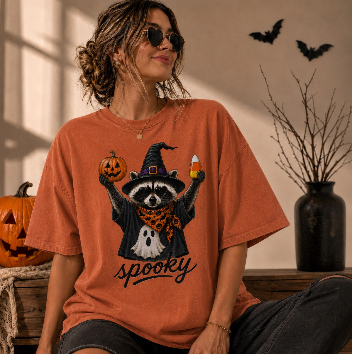 Comfort Colors® Spooky Raccoon Halloween Shirt, Cute Witch Raccoon Tee, Pumpkin Candy T-Shirt, Spooky Season Shirt, Halloween Raccoon Tee