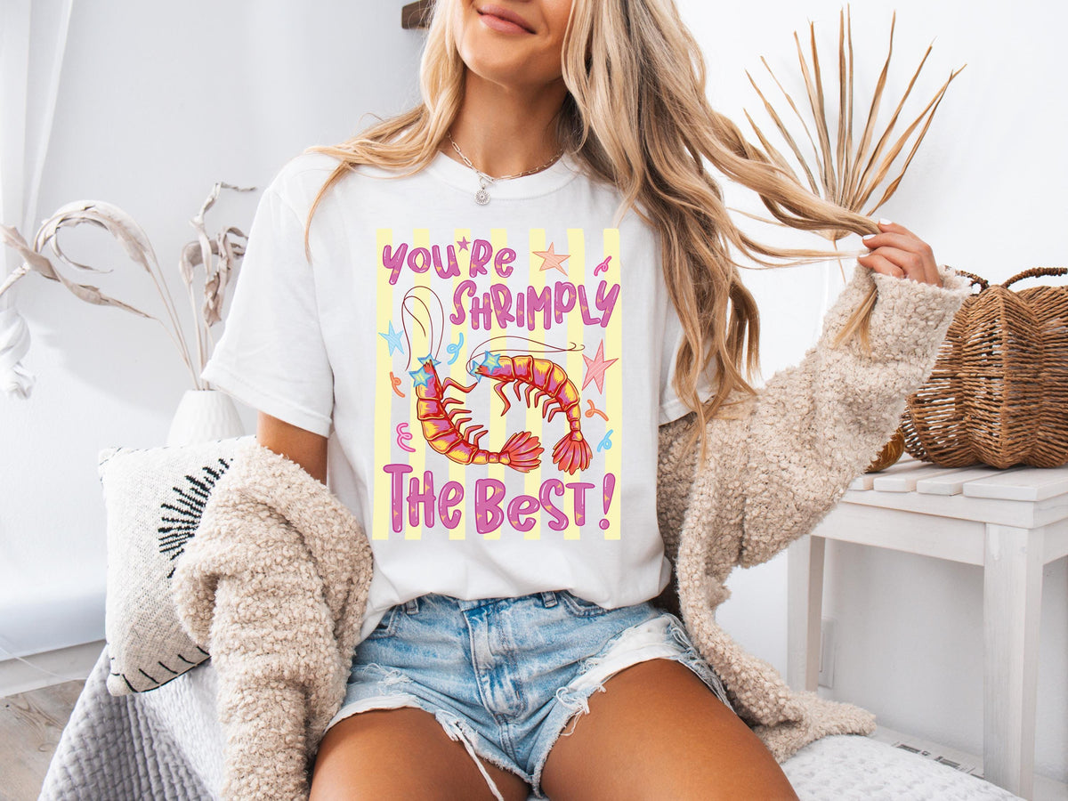 Comfort Colors® You're Shrimply Shirt, Summer Beach Tees, Striped Summer T-Shirt, Girls Trip T-Shirt