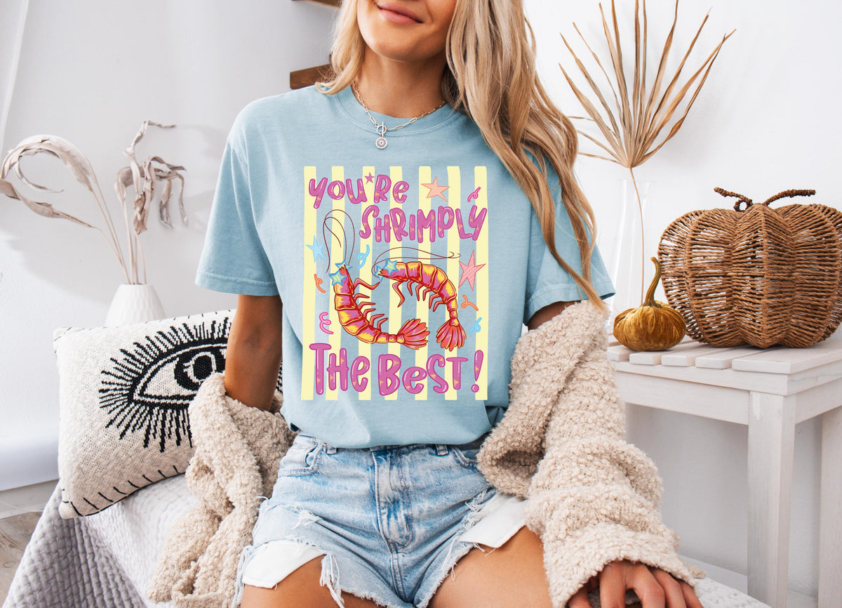 Comfort Colors® You're Shrimply Shirt, Summer Beach Tees, Striped Summer T-Shirt, Girls Trip T-Shirt