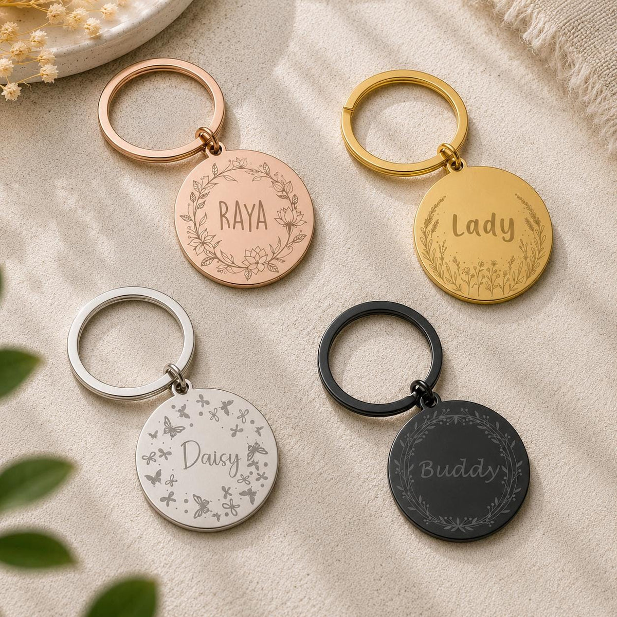 Personalized Stainless Steel Pet ID Tag, Boho Floral Engraved Dog Cat Tag