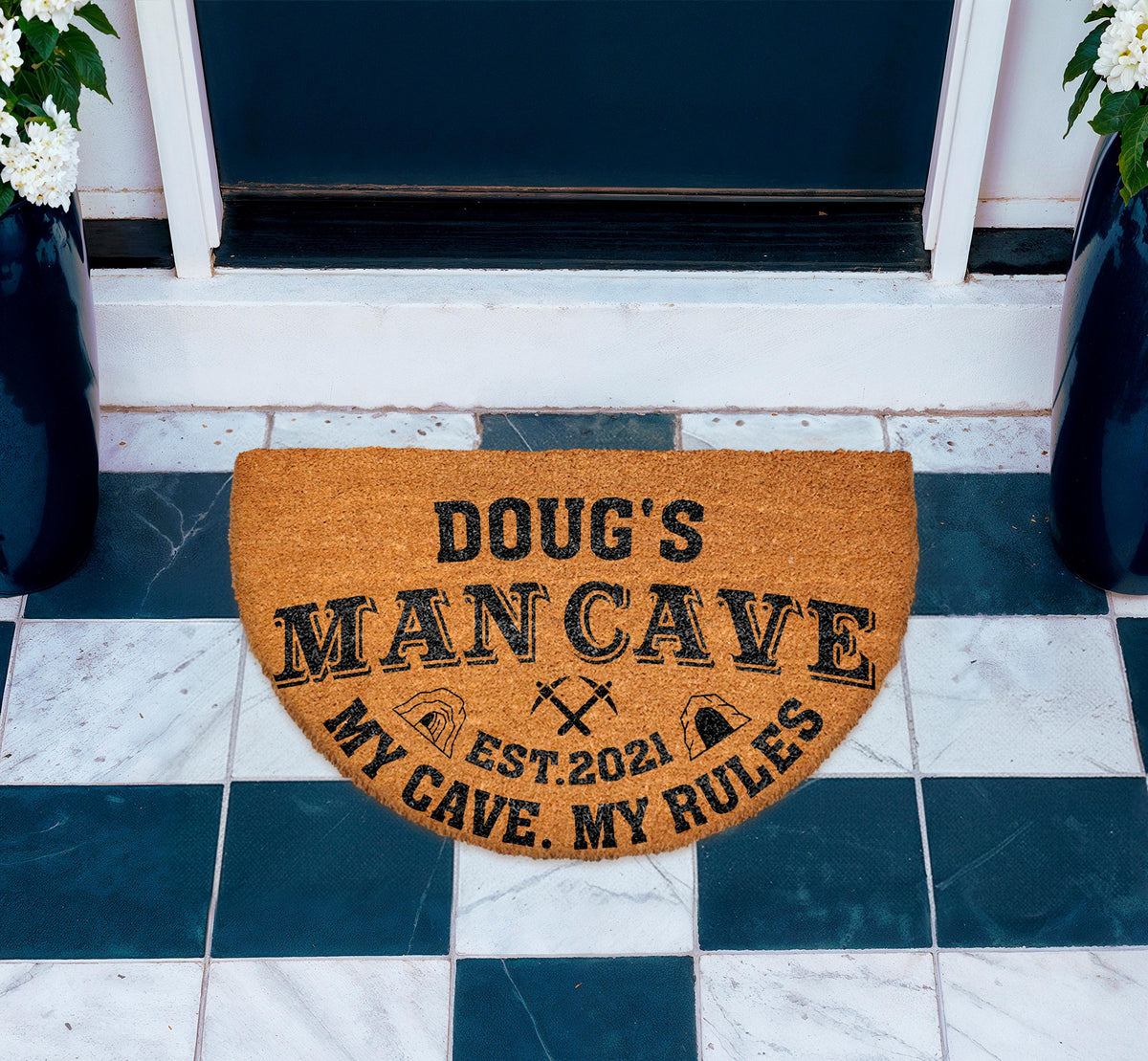 Funny Man Cave Welcome Mat, Personalized Doormat with Custom Name and Year, Father's Day Gift