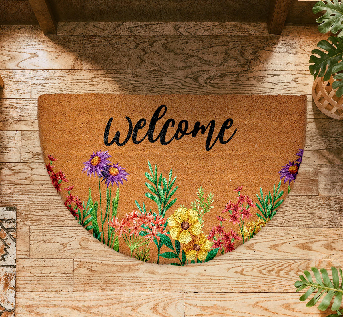 Floral Welcome Doormat, Wildflower Coir Door Mat, Spring Entry Rug, Botanical Front Porch Decor