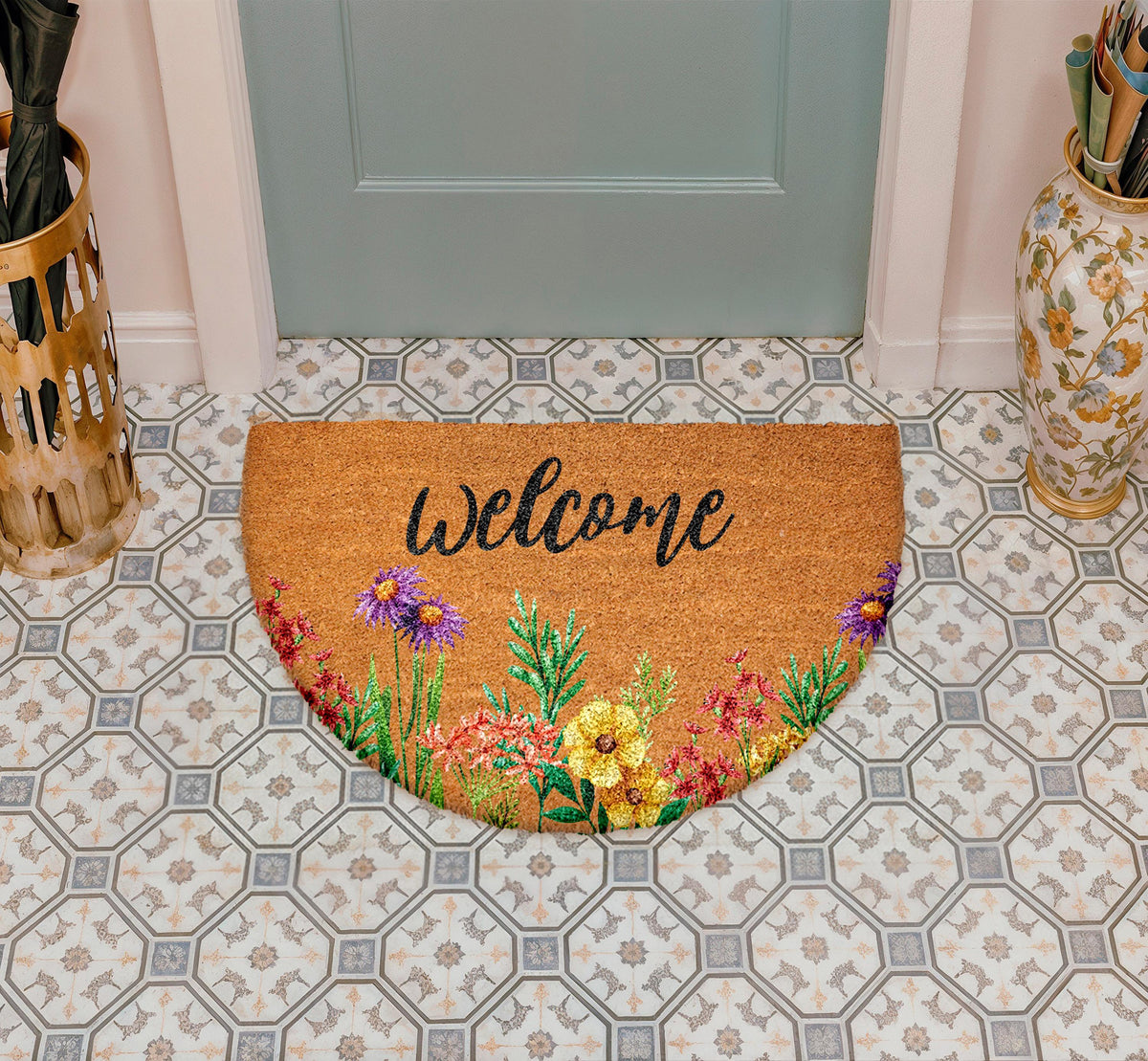 Floral Welcome Doormat, Wildflower Coir Door Mat, Spring Entry Rug, Botanical Front Porch Decor