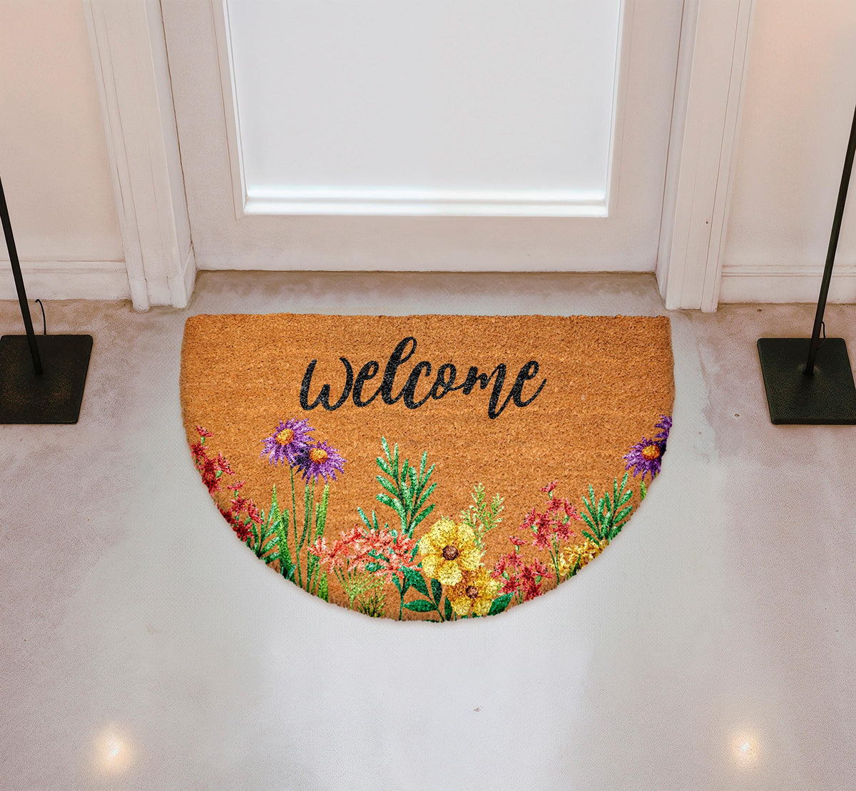 Floral Welcome Doormat, Wildflower Coir Door Mat, Spring Entry Rug, Botanical Front Porch Decor