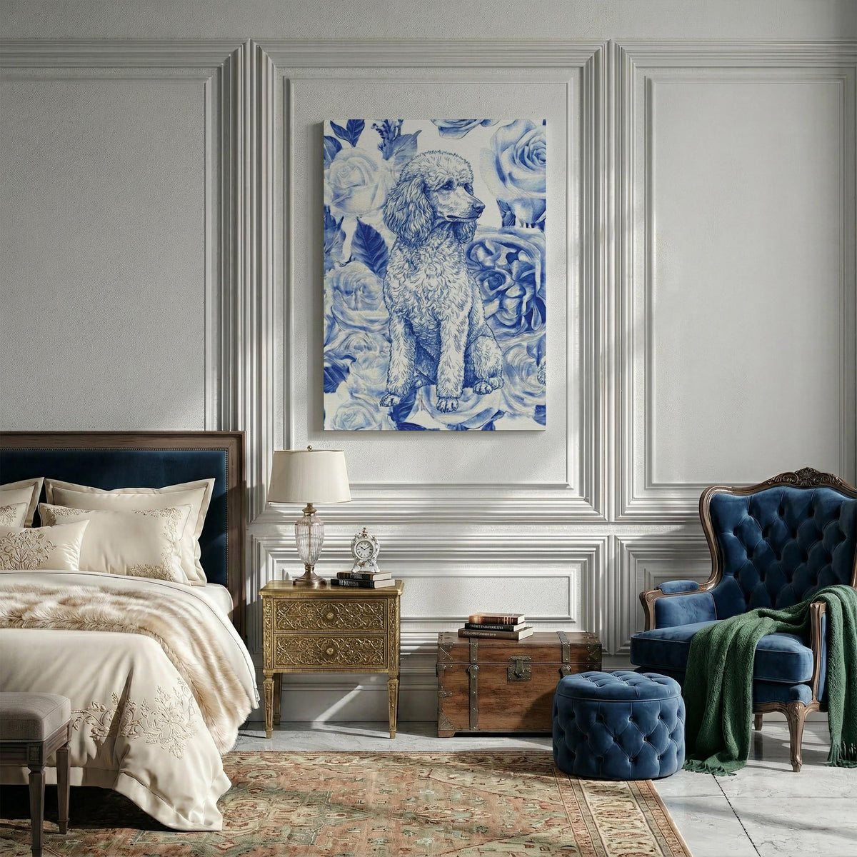 Custom Chinoiserie Dog Portrait Canvas, Pet Photo Print, Pet Name Wall Decor, Personalized Dogs Lovers Keepsake, Unique Pets Owner Gift