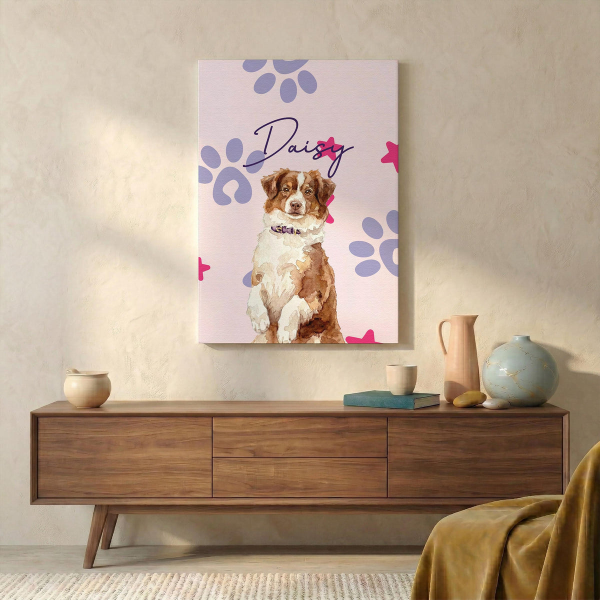 Personalized Watercolor Dog Photo Canvas Print, Pet Name Print Wall Art, Custom Dogs Lovers Gift, Unique Pets Owner Present
