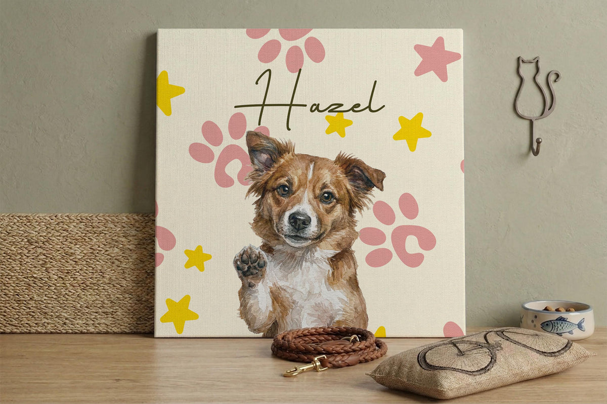 Personalized Watercolor Dog Photo Canvas Print, Pet Name Print Wall Art, Custom Dogs Lovers Gift, Unique Pets Owner Present