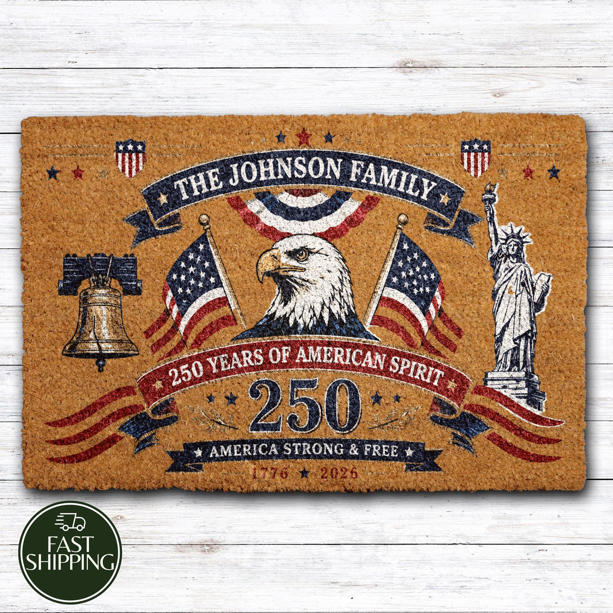 Custom Family Name Patriotic Doormat, Personalized 4 of July Welcome Mat