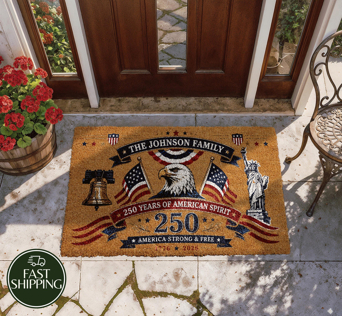 Custom Family Name Patriotic Doormat, Personalized 4 of July Welcome Mat