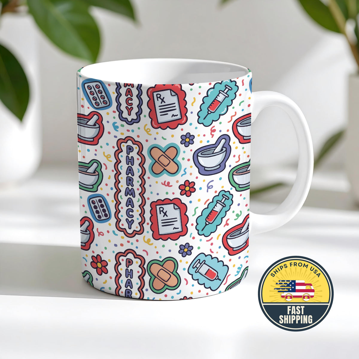 Pharmacy Mug, Pharmacist Coffee Cup, Pharmacy Technician Gift, Apothecary Mug, RX Pattern Cup