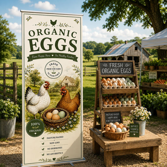 Organic Farm Fresh Eggs Banner, Chicken Coop Sign, Farm Stand Decor