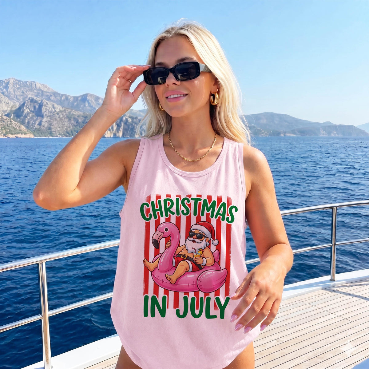 Comfort Colors® Christmas In July Tank Top, Santa Summer Vacation Tee, Tropical Xmas Party Gift