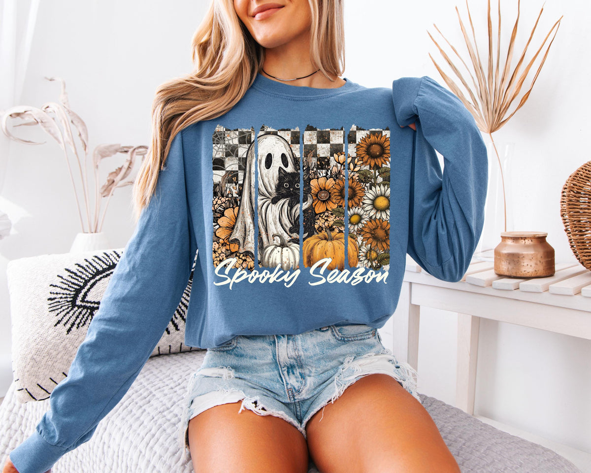 Comfort Colors® Spooky Cat Sweatshirt, Halloween Ghost Shirt, Horror Halloween T-Shirt