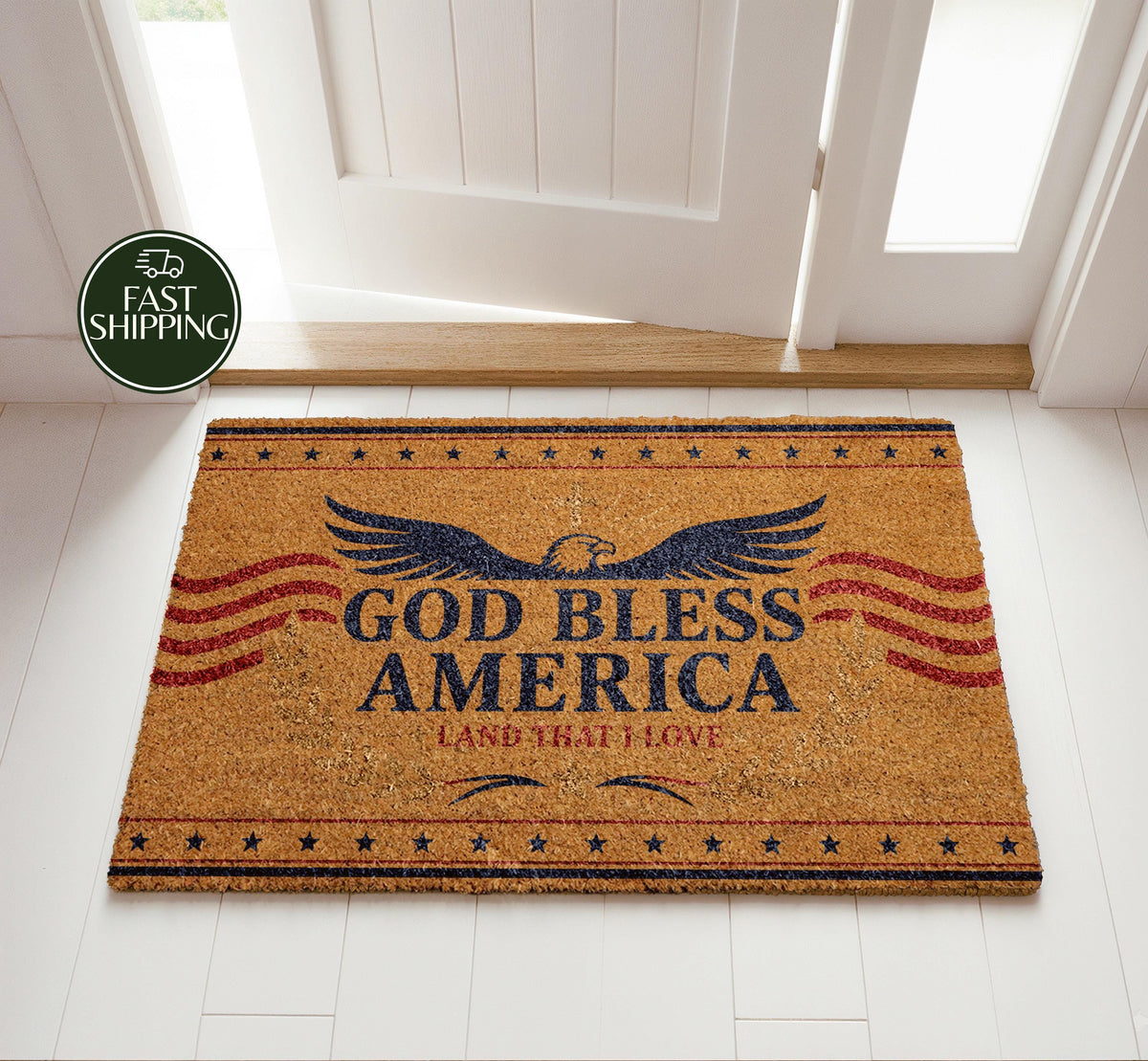 God Bless America Welcome Mat, Land That I Love Doormat, Patriotic USA Entryway Decor