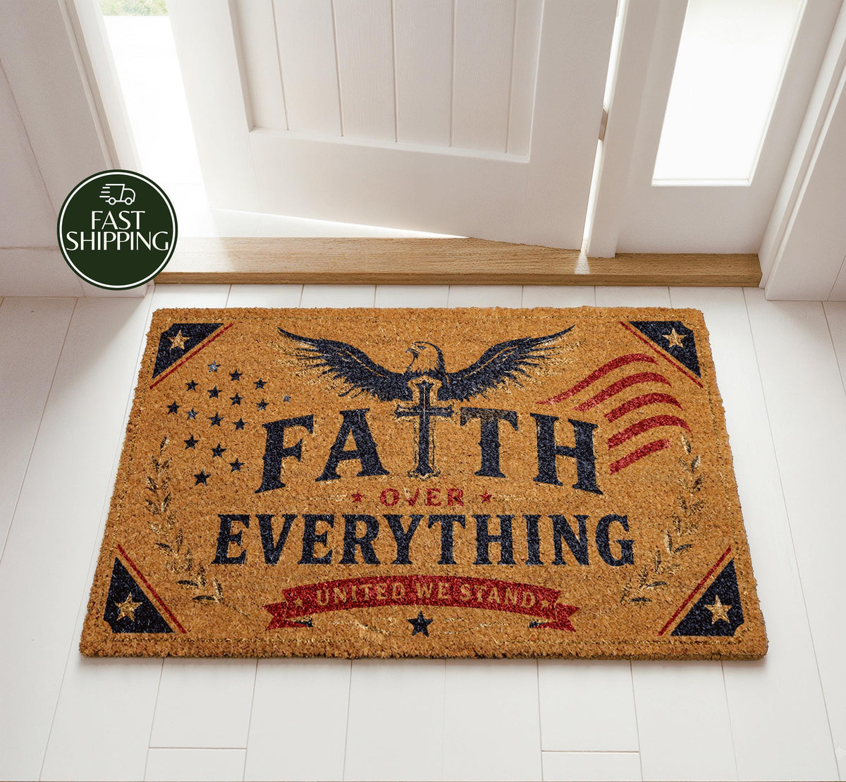 Faith Over Everything Doormat, Patriotic Christian House Welcome Mat
