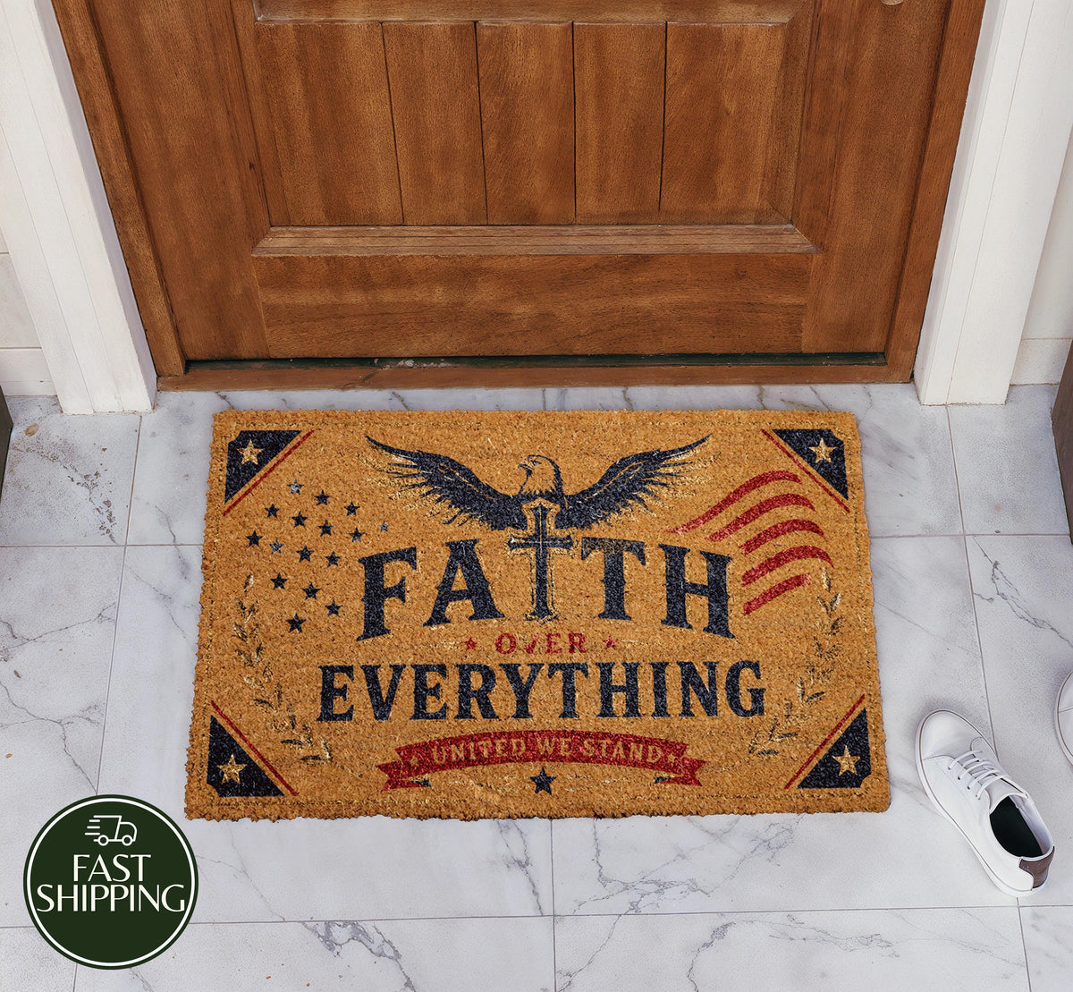Faith Over Everything Doormat, Patriotic Christian House Welcome Mat