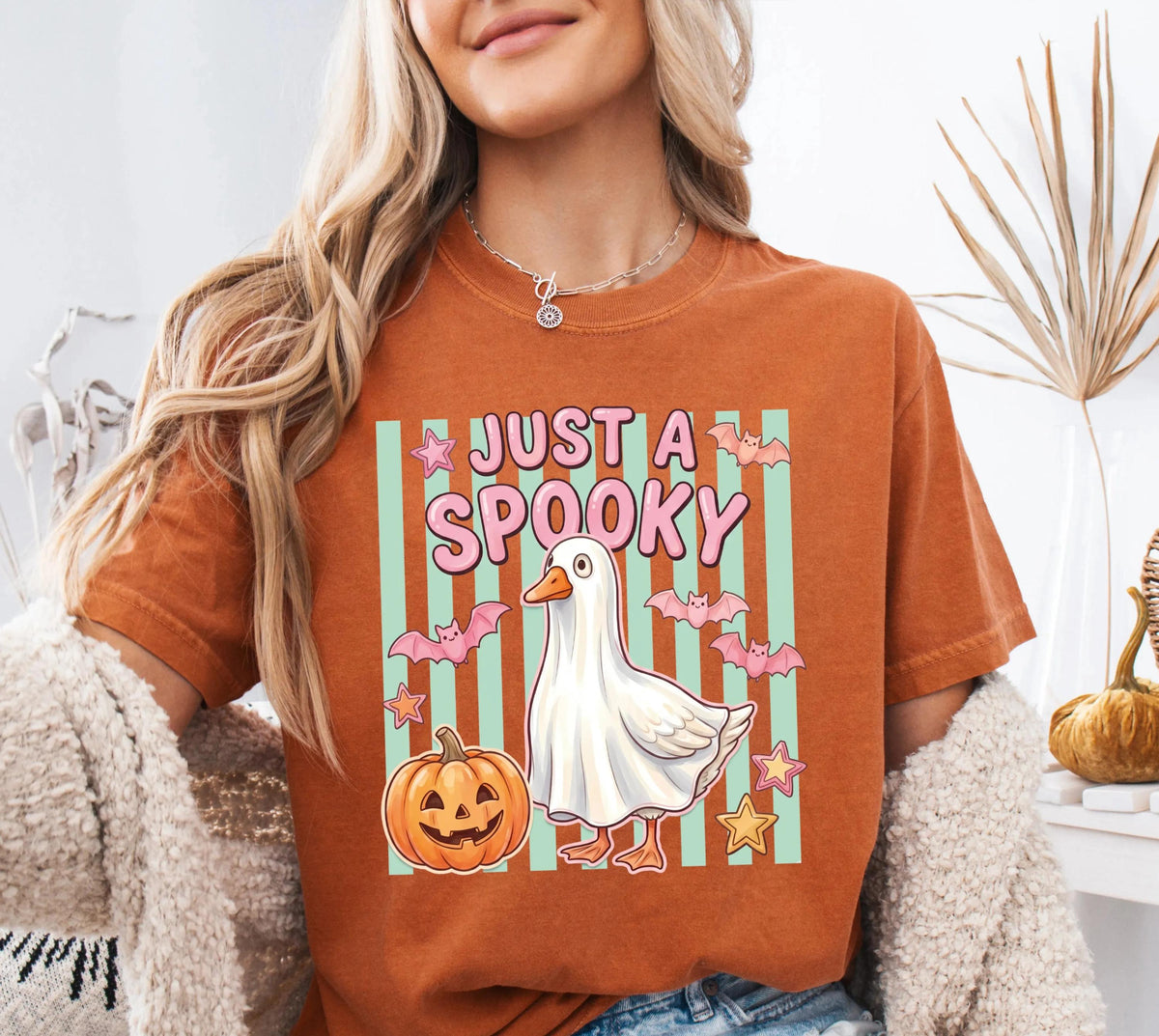 Comfort Colors® Just a Spooky Shirt, Striped Pumpkin T-Shirt, Halloween Gift Tee