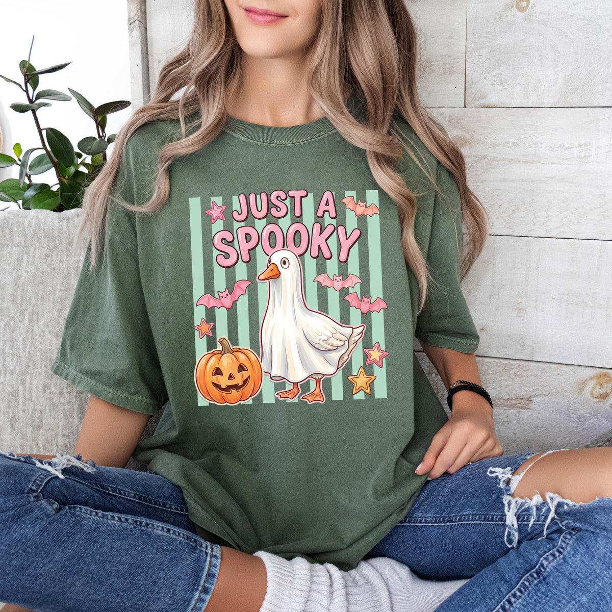 Comfort Colors® Just a Spooky Shirt, Striped Pumpkin T-Shirt, Halloween Gift Tee