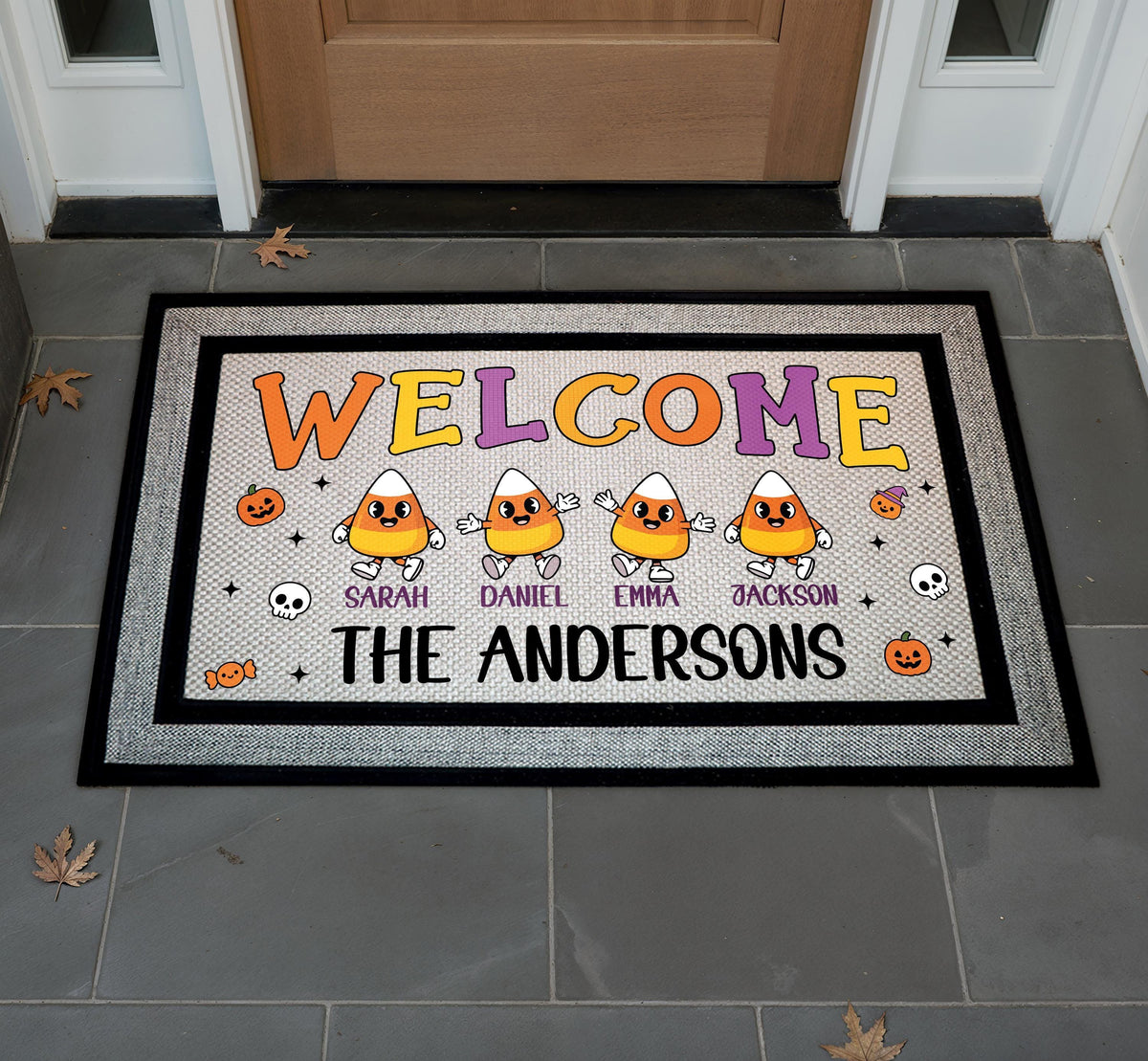 Custom Candy Corn Family Names Welcome Mat, Halloween Doormat, Fall Porch Rug