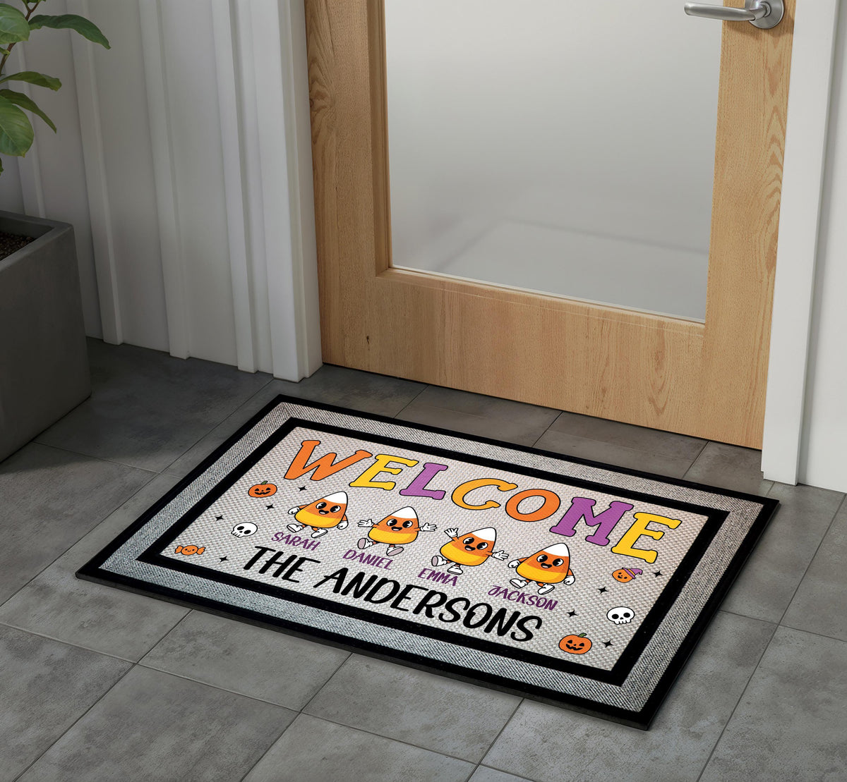 Custom Candy Corn Family Names Welcome Mat, Halloween Doormat, Fall Porch Rug