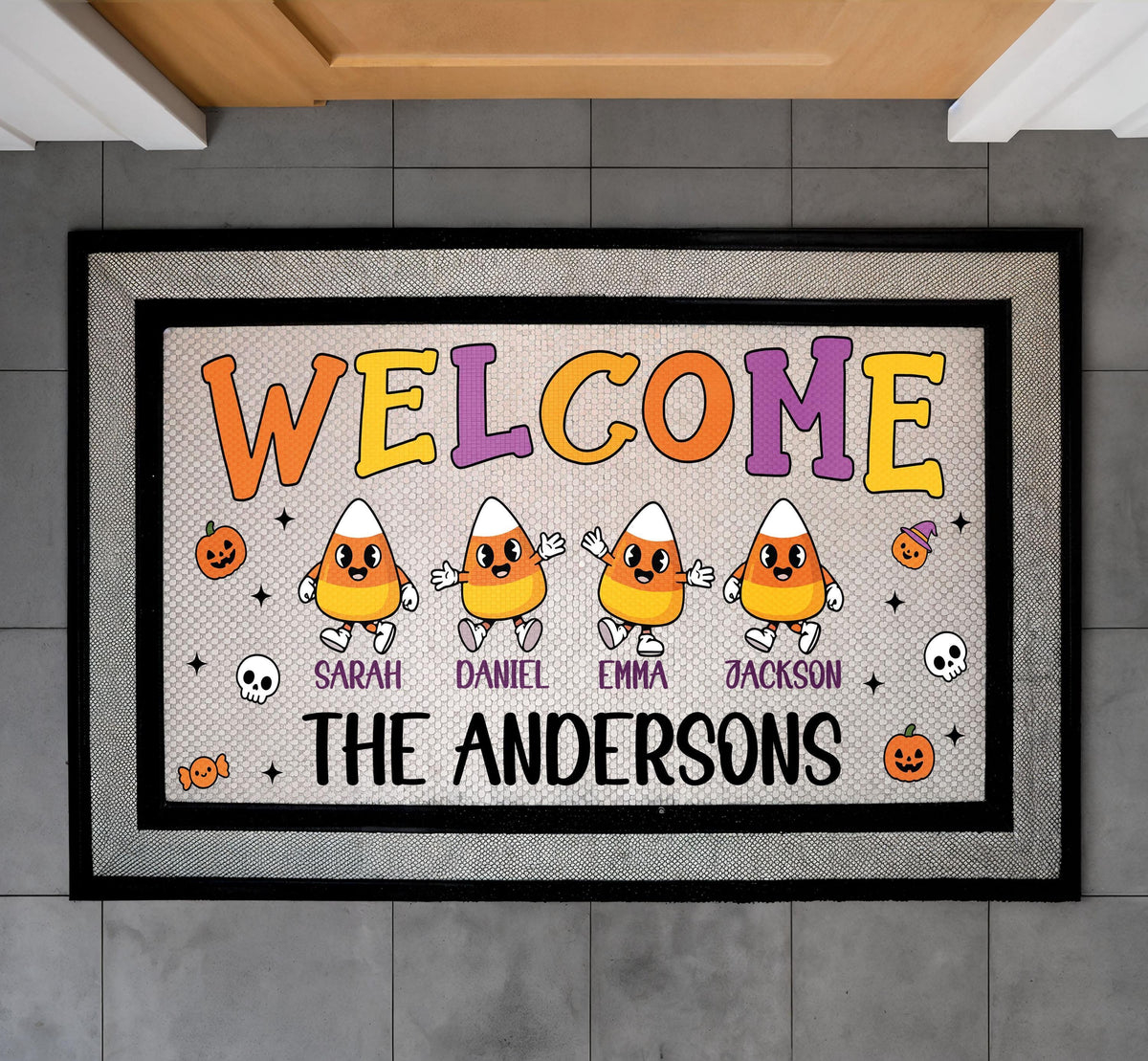 Custom Candy Corn Family Names Welcome Mat, Halloween Doormat, Fall Porch Rug