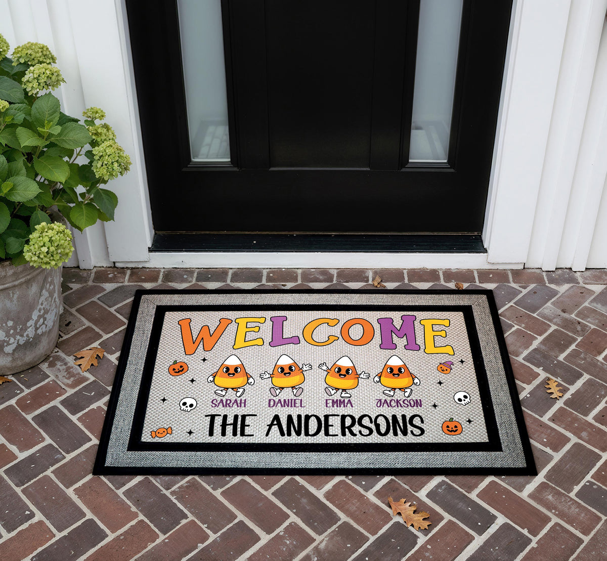 Custom Candy Corn Family Names Welcome Mat, Halloween Doormat, Fall Porch Rug