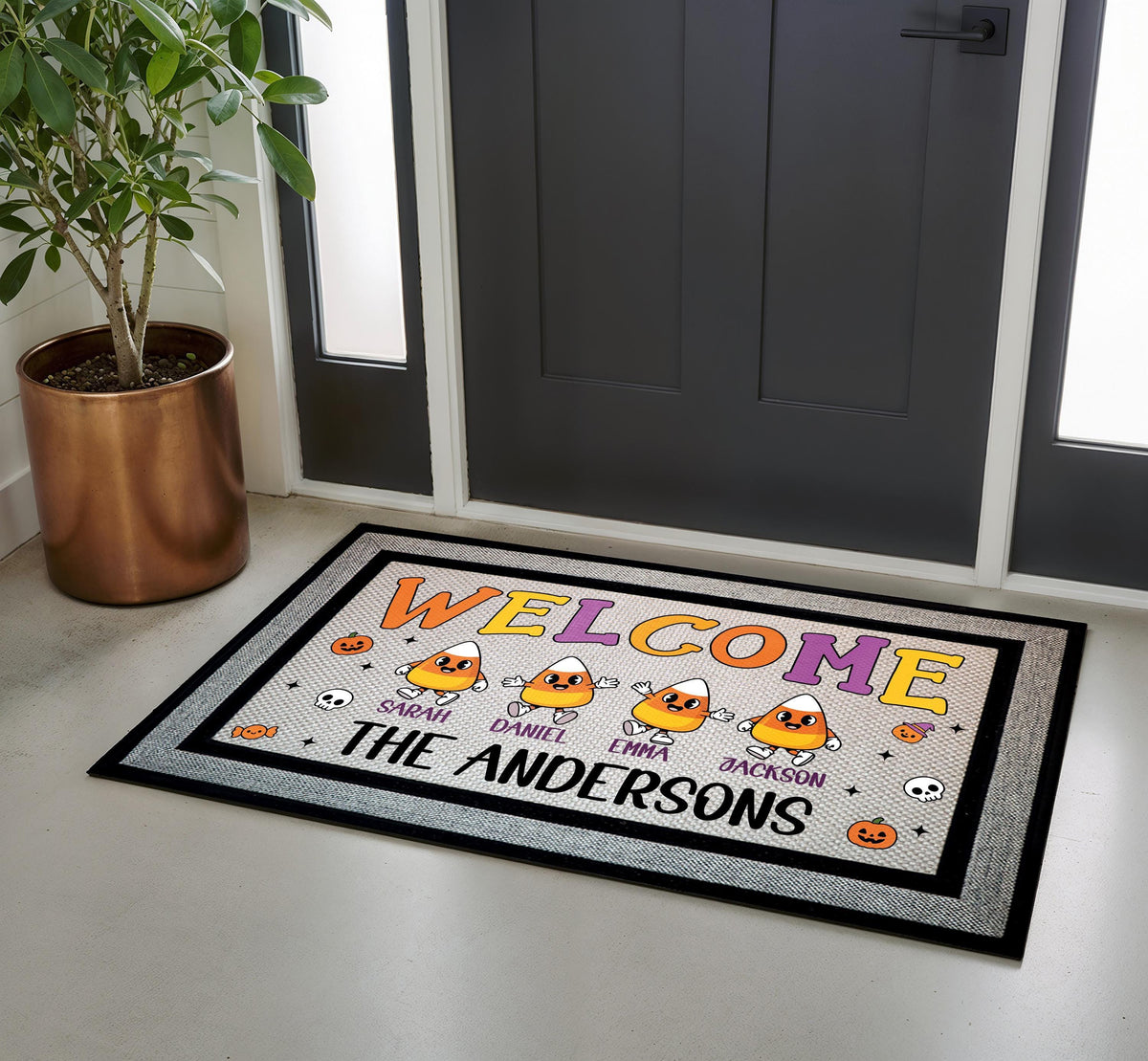 Custom Candy Corn Family Names Welcome Mat, Halloween Doormat, Fall Porch Rug