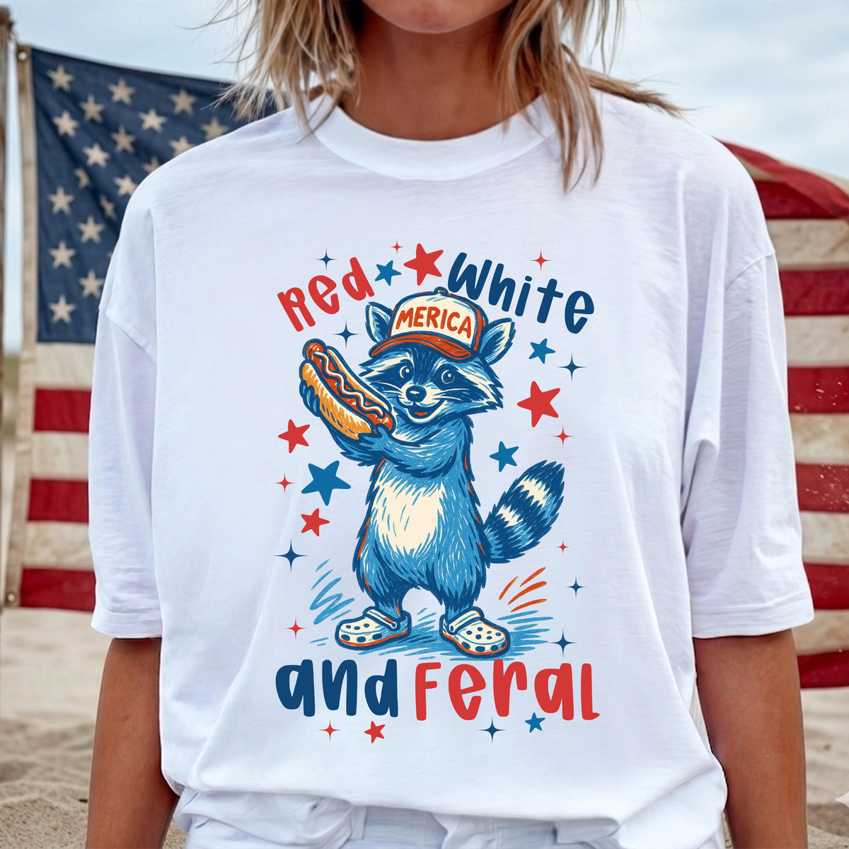 Red, White and Feral Raccoon Graphic Shirt