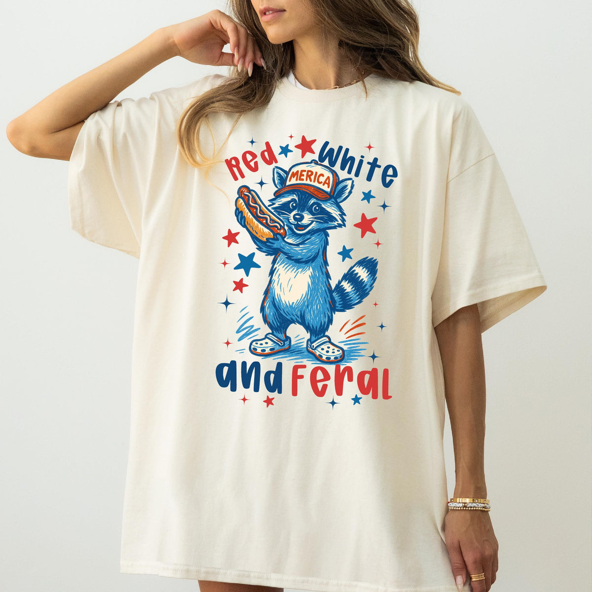 Red, White and Feral Raccoon Graphic Shirt