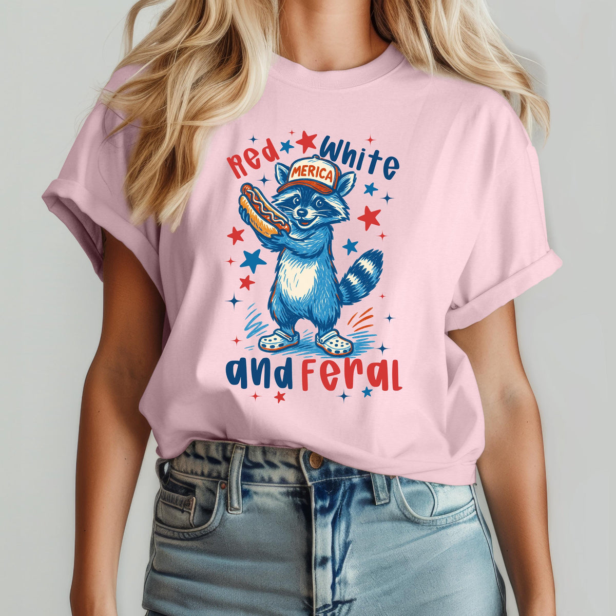 Red, White and Feral Raccoon Graphic Shirt