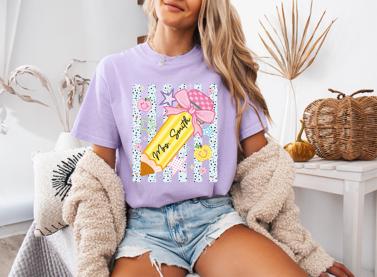 Comfort Colors® Personalized Pencil Teacher Shirt, Coquette Bow Apple Teacher Tee, Teacher Appreciation Gift, Preschool Teacher Name Tees