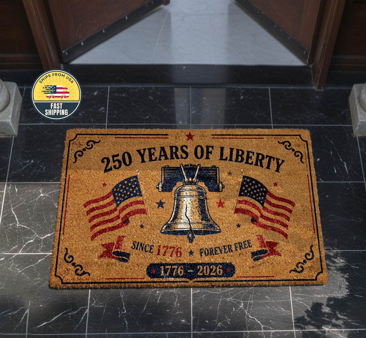 Patriotic America 250 Doormat, 250 Years of Liberty Welcome Mat, Liberty Bell Front Door Rug