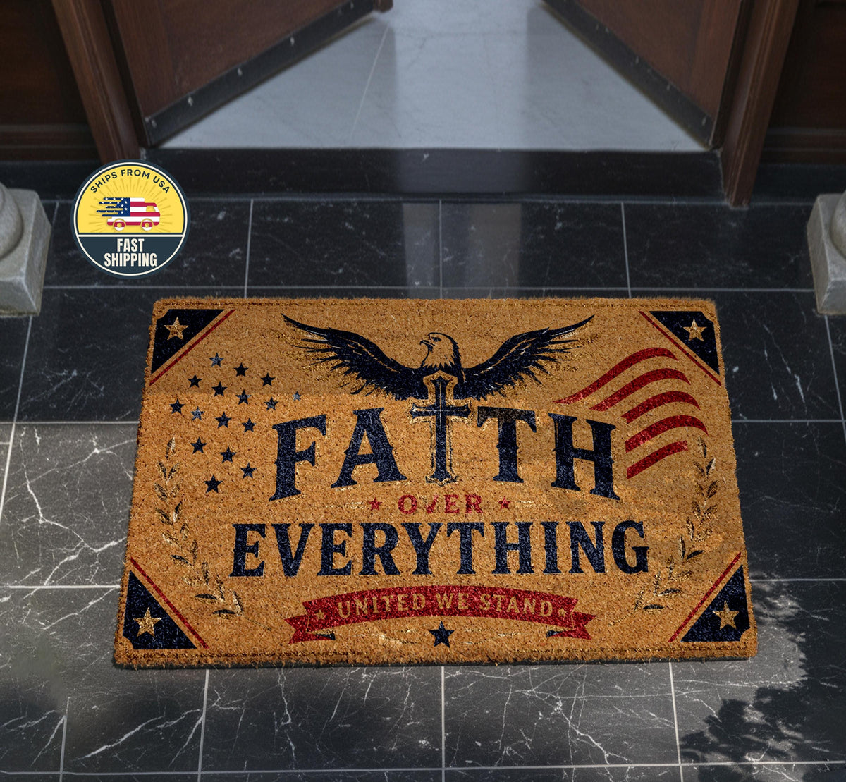 Faith Over Everything Doormat, Christian Patriotic Welcome Mat