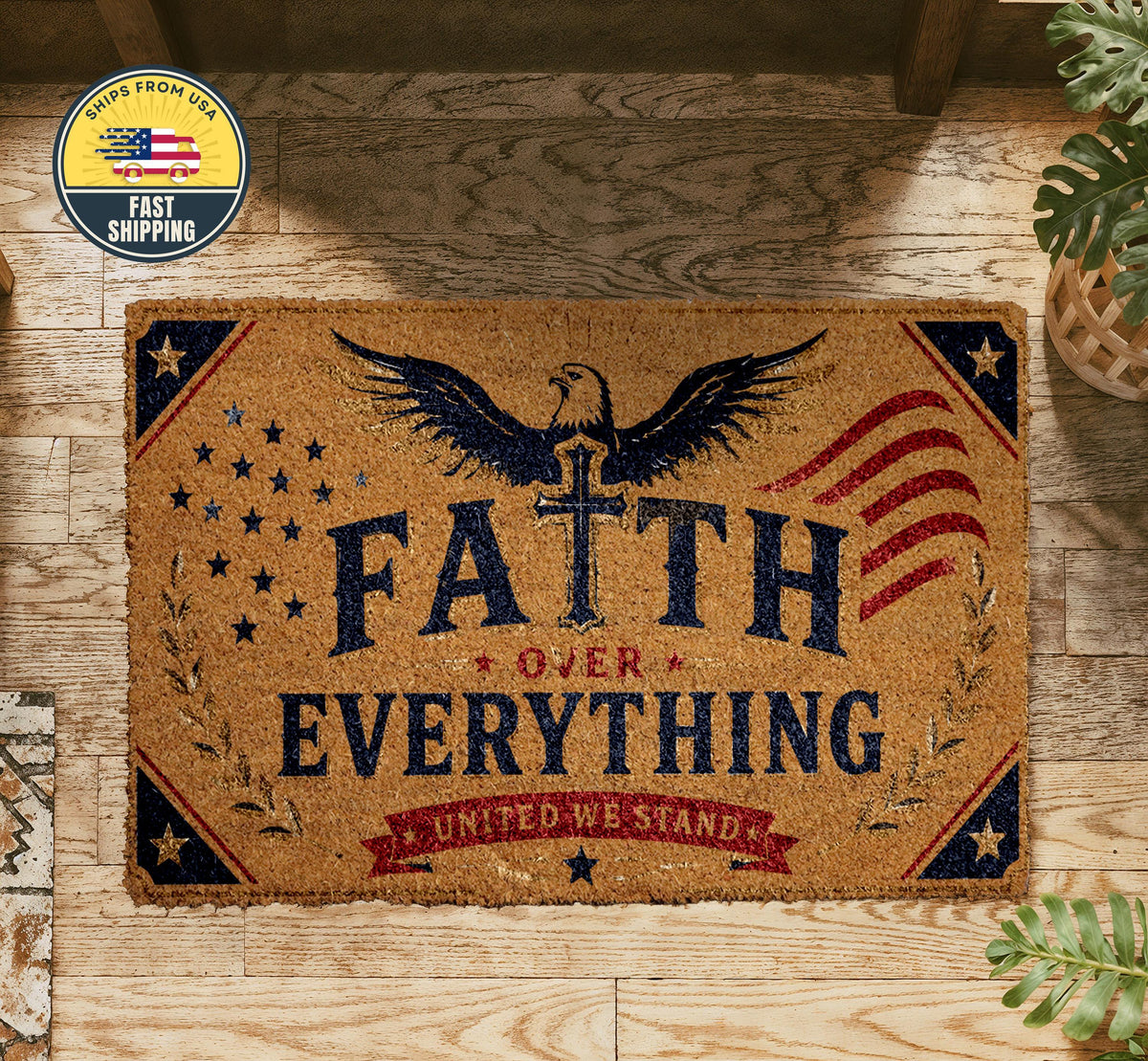 Faith Over Everything Doormat, Christian Patriotic Welcome Mat