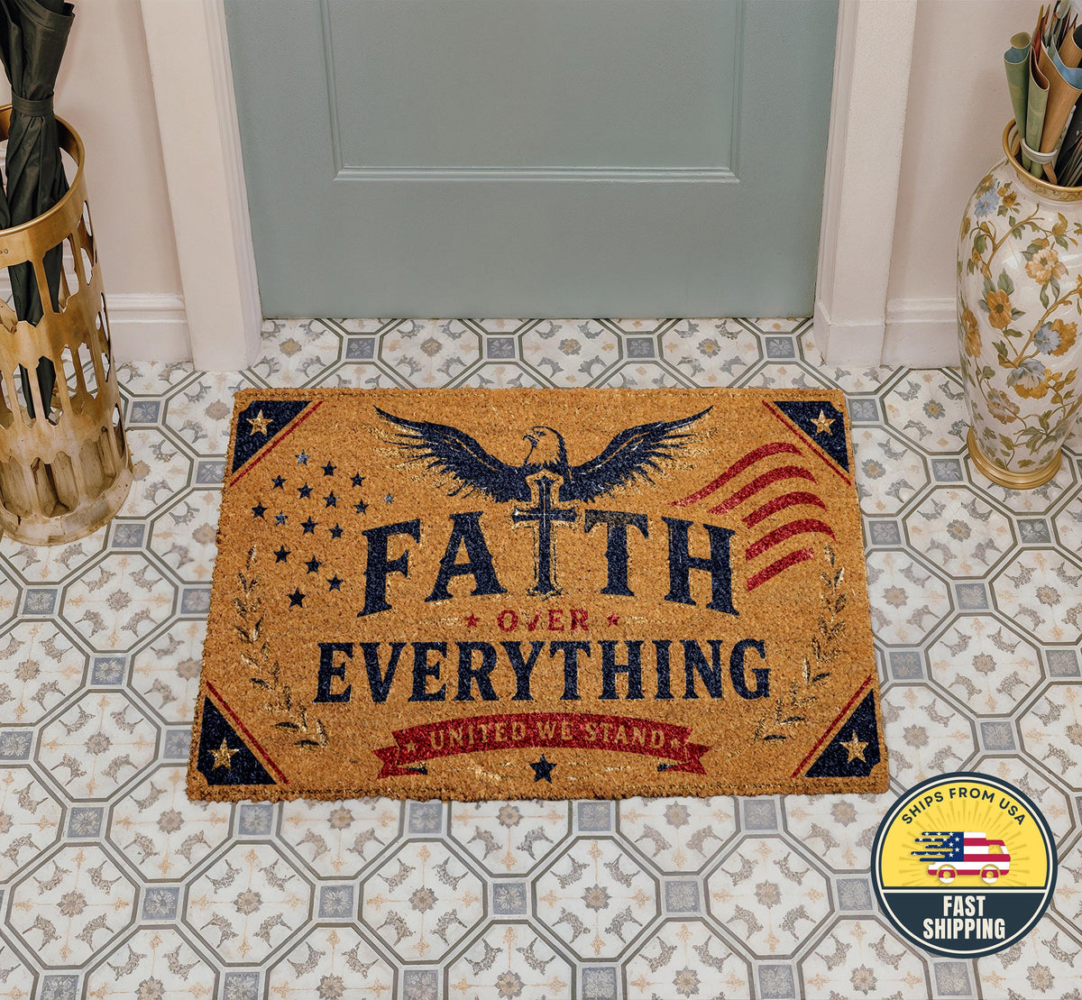 Faith Over Everything Doormat, Christian Patriotic Welcome Mat