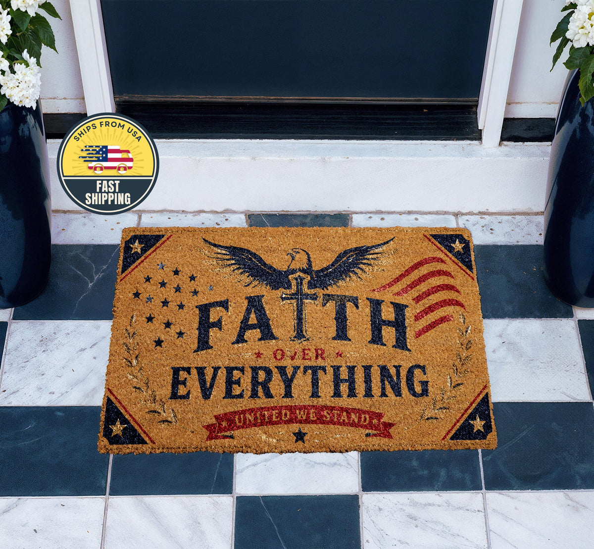 Faith Over Everything Doormat, Christian Patriotic Welcome Mat