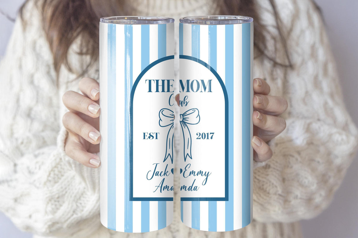Custom Name & Date The Mom Club Coffee Cup, Personalized Blue and White Striped Mom Tumbler