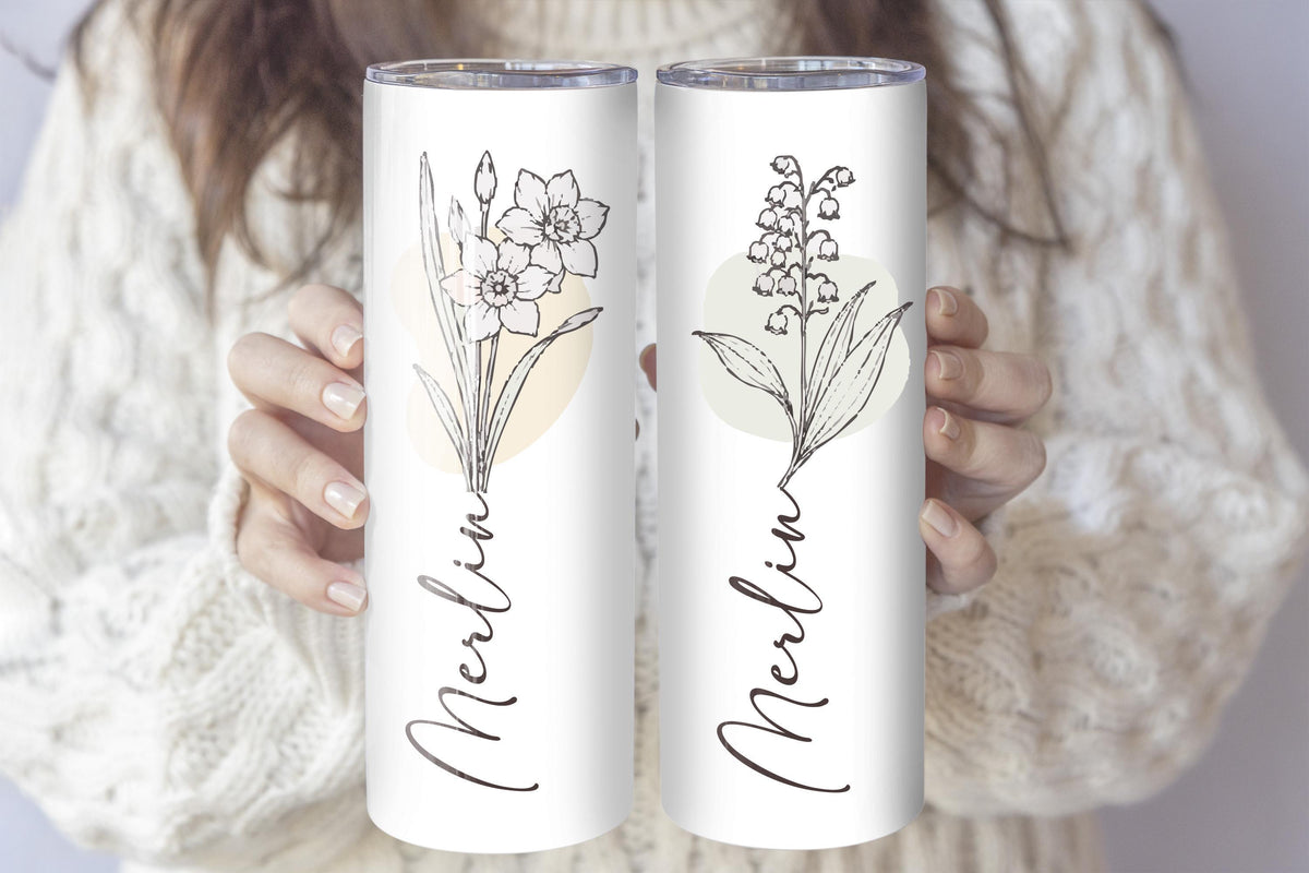 Custom Name Birth Month Flower Coffee Tumbler, Personalized Floral Travel Cup